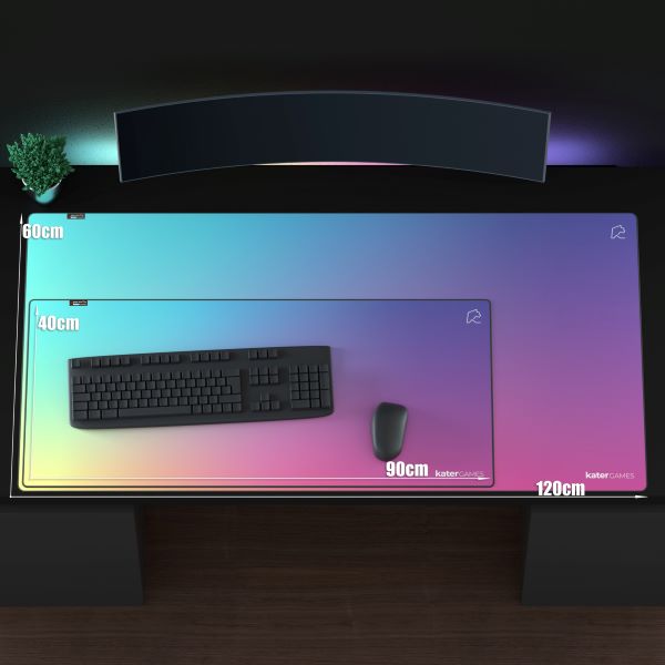 Size comparison of a 90x40cm mousepad to a 120x60cm mousepad in relation to a mouse and keyboard